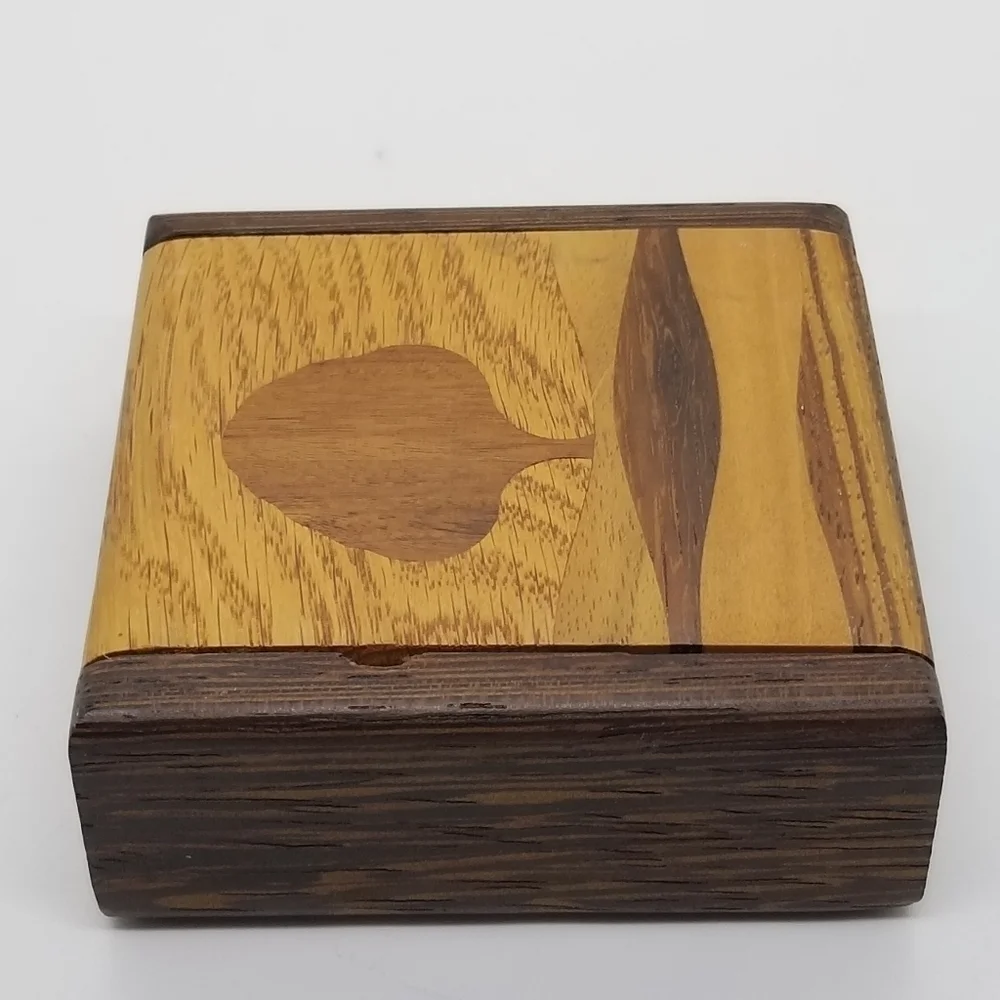 wooden inlay trinket box with tree imagery made in Canada